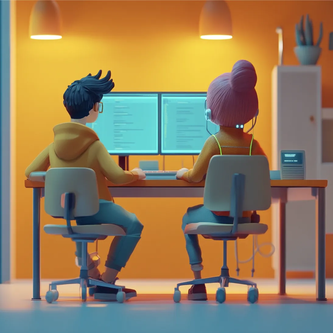 Two animated characters with headsets work at dual monitors in a bright, modern orange office.