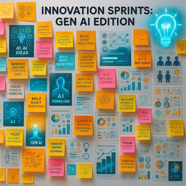 Brainstorm wall with sticky notes, charts, and AI icons for Innovation Sprints: Gen AI Edition.