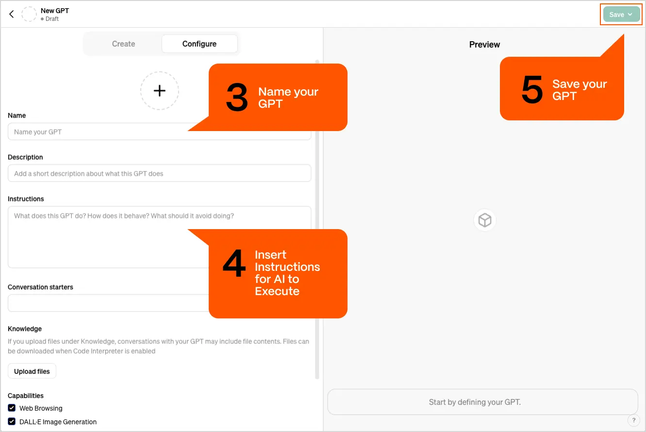 Configuration screen for creating a custom GPT model with steps for naming, adding AI instructions, and saving the model, alongside input fields for details and capabilities.